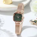 Elegant rose gold square watch for women with deep green sunburst dial and mesh strap - Rose Gold Case Green Dial Rose Gold Band
