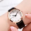 Minimalist women's watch featuring a rose gold clover dial and black leather strap - Black Strap Rose Gold Case White Dial