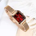 Minimalist rose gold octagonal watch with sunray red dial and Milanese mesh strap - Rose Gold Case Red Dial Rose Gold Band (Marked)