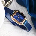 Elegant rose gold rectangular watch with deep blue sunburst dial and mesh strap - Rose Gold Case Blue Dial Blue Band (Marked)