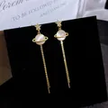 Golden planet tassel earrings with star zircon stud and cat eye stone drop design - E1469 Gold / 925 Silver Needle