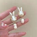Chic white rabbit earrings with baroque pearl drops and gold trim for women - E1606 White / 925 Silver Needle