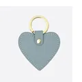 Detail of light blue Saffiano heart keychain with white stitching and gold metal ring - Sky Blue