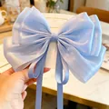 Elegant large light blue pearlescent mesh hair bow clip with long silky ribbons - Pearl Gauze Bow With Ribbon / Blue