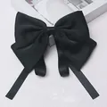 Elegant large black satin hair bow clip with long hanging ribbons for girls - Large Ribbon Bow / Black