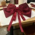Elegant large burgundy satin bow hair clip with long ribbons for girls - Large Ribbon Bow / Burgundy