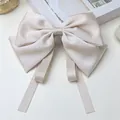 Champagne satin bow hair clip with long ribbons for girls, elegant silk texture - Large Ribbon Bow / Beige