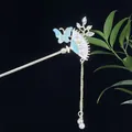 Klassische chinesische Schmetterlings-Haarnadel mit blauem Fächer und Perlenquaste - Hellblauer Schmetterling und Fächer Stil (2531)