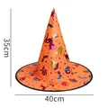 Orange Halloween wizard hat with colorful laser bats and pumpkin prints, 35cm tall - Orange Colored Gold Witch Hat
