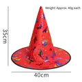 Red Halloween witch hat with gold foil bats and stars patterns, height 35cm and width 40cm - Red Colored Gold Witch Hat