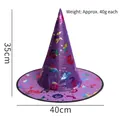 Purple Halloween witch hat with rainbow laser prints and specific size dimensions - Purple Colored Gold Witch Hat