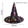 Black witch hat with colorful metallic Halloween prints and dimensions of 35cm by 40cm - Black Colored Gold Witch Hat