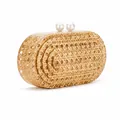 Borsa da sera in rattan e acrilico con chiusura a doppia perla per donna elegante - Cachi