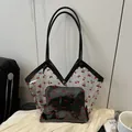 Chic transparent PVC tote bag with cherry print and black inner pouch for women - Black