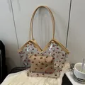 Transparent PVC tote bag featuring cherry prints and beige PU handles with inner pouch - Khaki