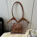 Transparent PVC tote bag with red cherry prints and matching brown inner pouch - Brown