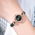 Elegant women's quartz watch with emerald green dial and rose gold case on wrist - Rose Gold Case Green Dial Dark Green Strap