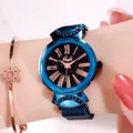 Women's rose gold watch with starry blue dial and roman numerals on milanese strap - Mesh Strap Blue Case Blue Strap