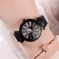 Starry black dial women's watch with rose gold Roman numerals and black mesh band - Mesh Strap Black Case Black Strap