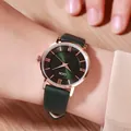 Women's quartz watch with dark green leather strap and rose gold Roman numeral dial - Rose Gold Case Green Dial Green Strap