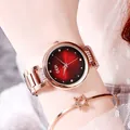 Reloj de acero para mujer con correa de oro rosa y esfera roja degradada - Caja Oro Rosa Esfera Roja