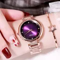 Elegante orologio in acciaio oro rosa con quadrante viola e set di bracciale stella - Cassa in Oro Rosa Quadrante Viola