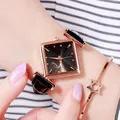 Fashionable Gedi women quartz watch with black leather strap and square rose gold case - Rose Gold Case Black Dial Black Leather Strap