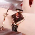 Women's square quartz watch with dark brown leather strap and rose gold case - Rose Gold Case Brown Dial Brown Strap