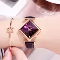 Purple leather strap watch with rose gold diamond-cut dial and star charm bracelet - Rose Gold Case Purple Dial Deep Purple Strap