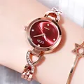 Elegant rose gold quartz watch with wine red dial and sparkling diamond-set chain band - Rose Gold Case Red Dial