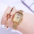 Montre à quartz carrée dorée pour femme avec bracelet en maille et gourmette étoile chic - Montre Avec Bracelet Hexagramme / Or/Cadran en Coquille d'Or