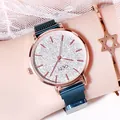 GEDI luxury women's quartz watch with blue starry dial and magnetic mesh strap - Blue Strap Silver Dial