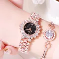 Luxus Damen Armbanduhr Set in Roségold mit Diamanten und Sternenhimmel-Zifferblatt - Roségoldenes Gehäuse Schwarzes Zifferblatt