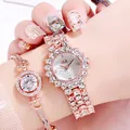 Luxuriöse Damenuhr und Armband Set in Roségold mit funkelnden Kristallen verziert - Roségold Gehäuse Weißes Zifferblatt