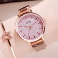 Elegant GEDI women's rose gold mesh quartz watch with a pink glitter starry dial - Rose Gold Case Pink Dial