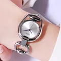 Elegant silver horsebit bangle watch with minimalist sunburst dial for women - Silver Case White Dial