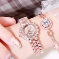 Luxuriöse roségoldene Quarzuhr und passendes Kristallarmband-Set für elegante Damen - Roségold Gehäuse Roségoldenes Zifferblatt