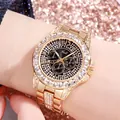 Lujoso reloj Gedi en tono dorado con cristales brillantes y esfera negra para mujer - Caja Dorada Esfera Negra