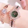 Women's rose gold watch and bracelet set with green starry dial and rhinestones - Rose Gold Case with Green Dial