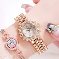 Luxury gold quartz watch and diamond bracelet set with flower-shaped rhinestone bezel - Gold Case White Dial