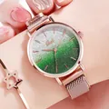 Women's watch with rose gold magnetic Milanese band and green gradient glitter dial - Gradient Green