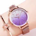 Women's rose gold mesh watch featuring a purple gradient starry dial with star charm - Gradient Purple