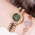 Luxuriöse Damen-Quarzuhr in Gold mit grünem Zifferblatt und Diamantarmband-Set - Goldgehäuse Grünes Zifferblatt