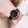 Elegant black leather strap watch with rose gold case and matching heart charm bracelet - Rose Gold Case Black Dial