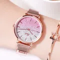 Women's rose gold watch with gradient glitter dial and milanese mesh magnetic band - Gradient Pink