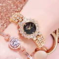 Damen-Goldarmbanduhr mit Sternenzifferblatt und Diamant-Armband-Set mit funkelnden Kristallen - Goldgehäuse Schwarzes Zifferblatt