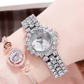Silver luxury quartz watch with diamond-paved bezel and rose gold crystal bracelet - Silver Case White Dial
