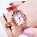 Montre carrée or rose pour femme avec cadran rose et ensemble bracelet étoile - Montre Avec Bracelet Hexagramme / Or Rose/Cadran en Coquille Rose