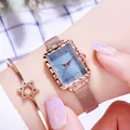 Orologio quadrato da donna oro rosa con quadrante azzurro e cinturino a maglia - Orologio Con Bracciale Esagramma / Oro Rosa/Quadrante in Conchiglia Nero Blu