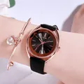 Elegant roségoud quartz horloge met zwarte lederen band en hartarmband sieradenset - Stoer Zwart